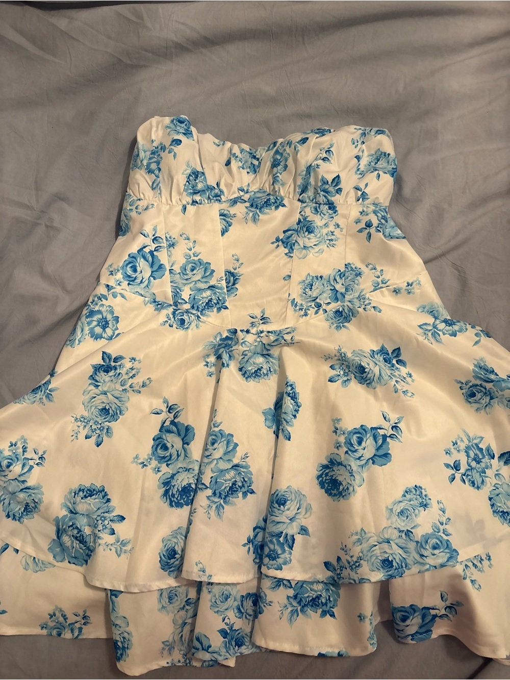 Strapless White Dress with Blue Floral Print